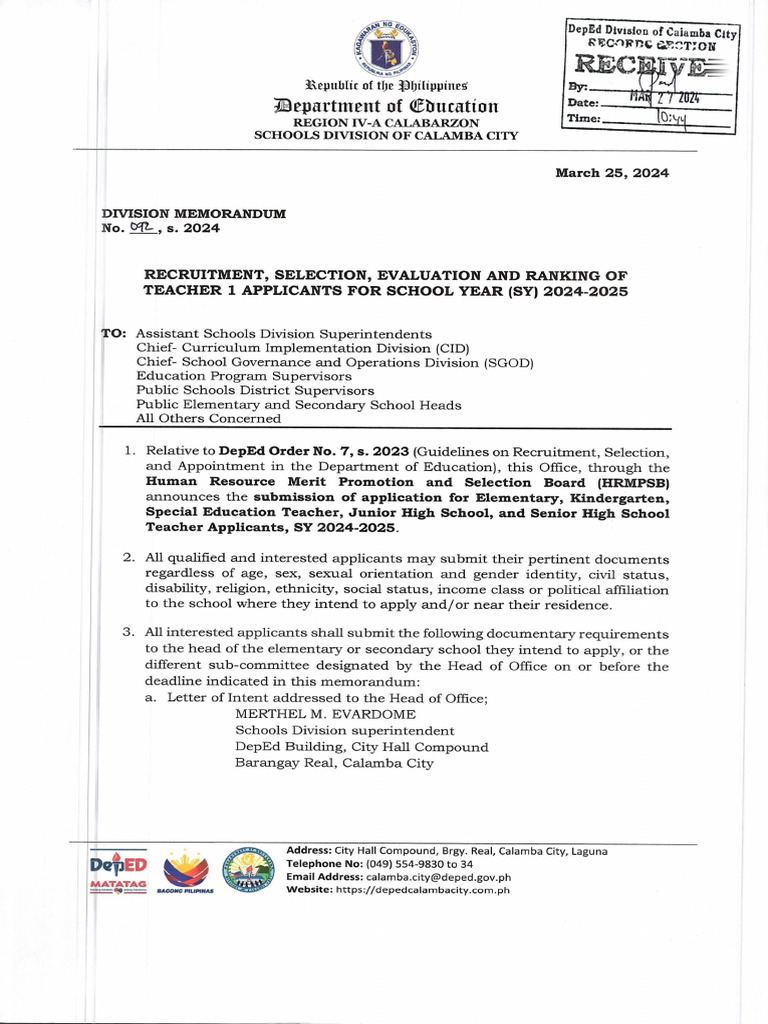 DV Memo 2024 Division Memorandum No. 092s.2024recruitment Selection ...
