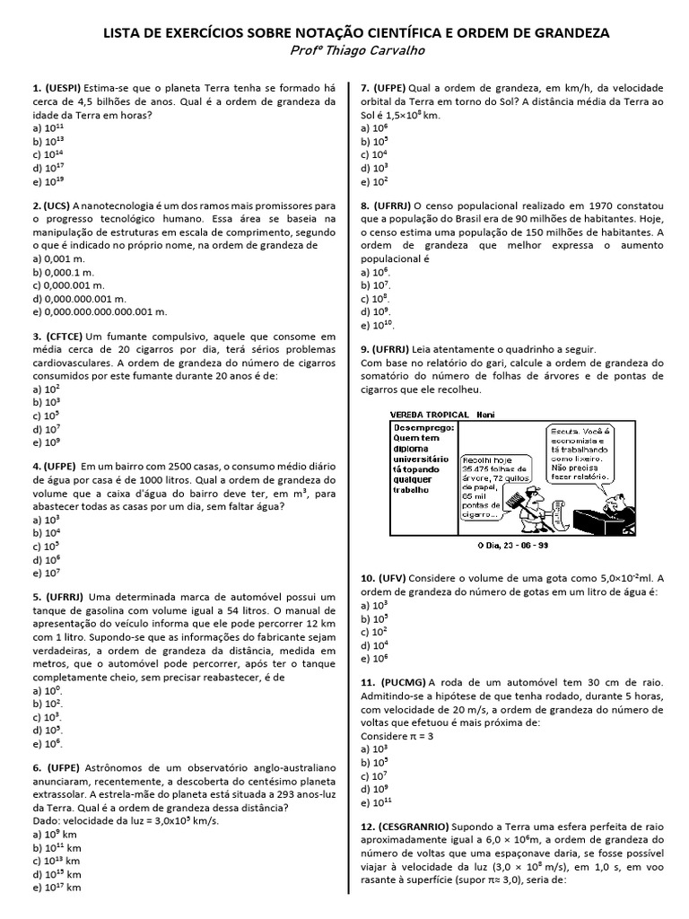 Lista de Exercícios Sobre Notação Científica e Ordem de Grandeza | PDF ...