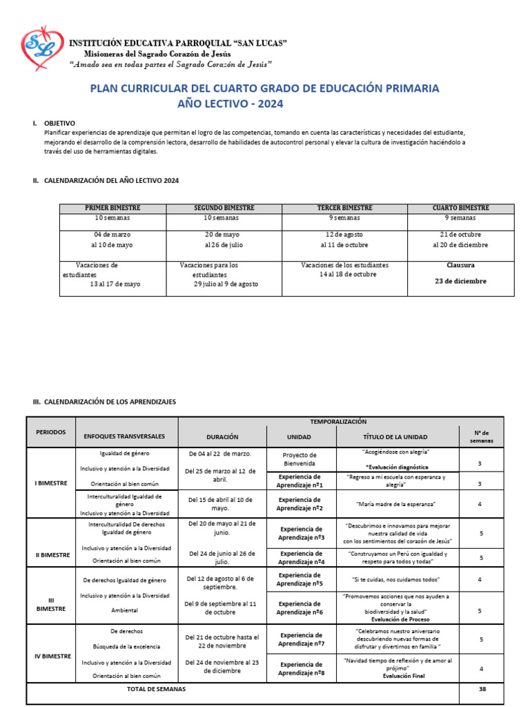 Matriz de Plan Curricular-Cuarto Grado de Primaria - 2024 | PDF ...