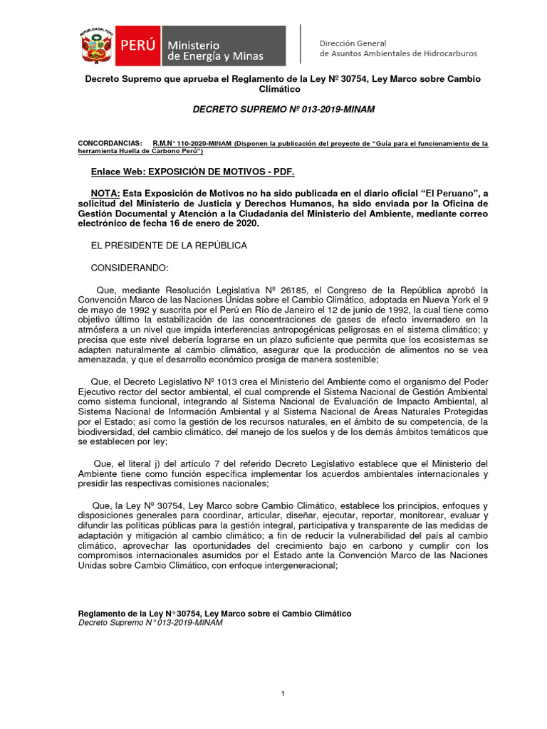 Reglamento de La Ley #30754, Ley Marco Sobre Cambio | PDF | Gases de ...