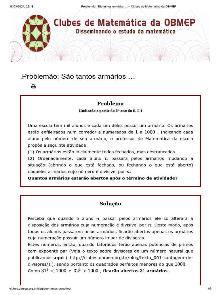 Problemão - São Tantos Armários - Clubes de Matemática Da OBMEP SOLUÇÃO ...