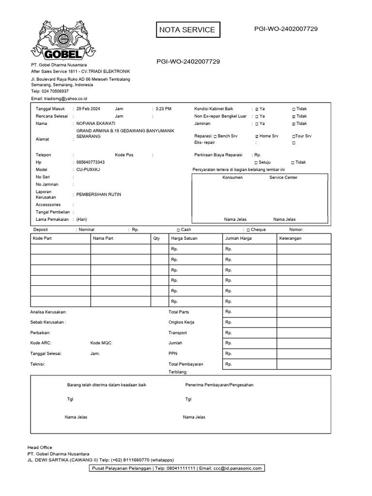 Nota Service PT. Gobel Dharma Nusantara | PDF