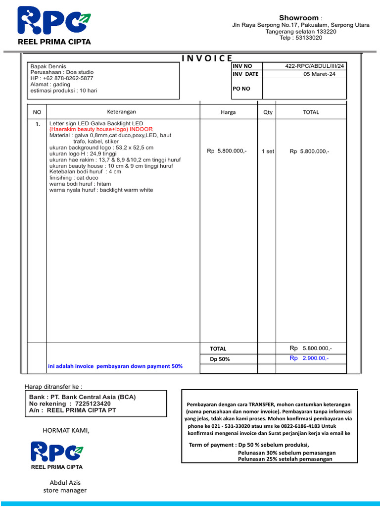 Invoice Pembayaran DP 50% Hae Ra Kim | PDF
