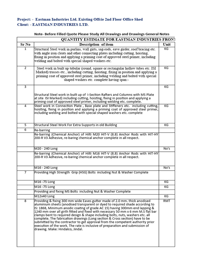 Eastman Industries Steel Work Estimate | PDF | Framing (Construction ...