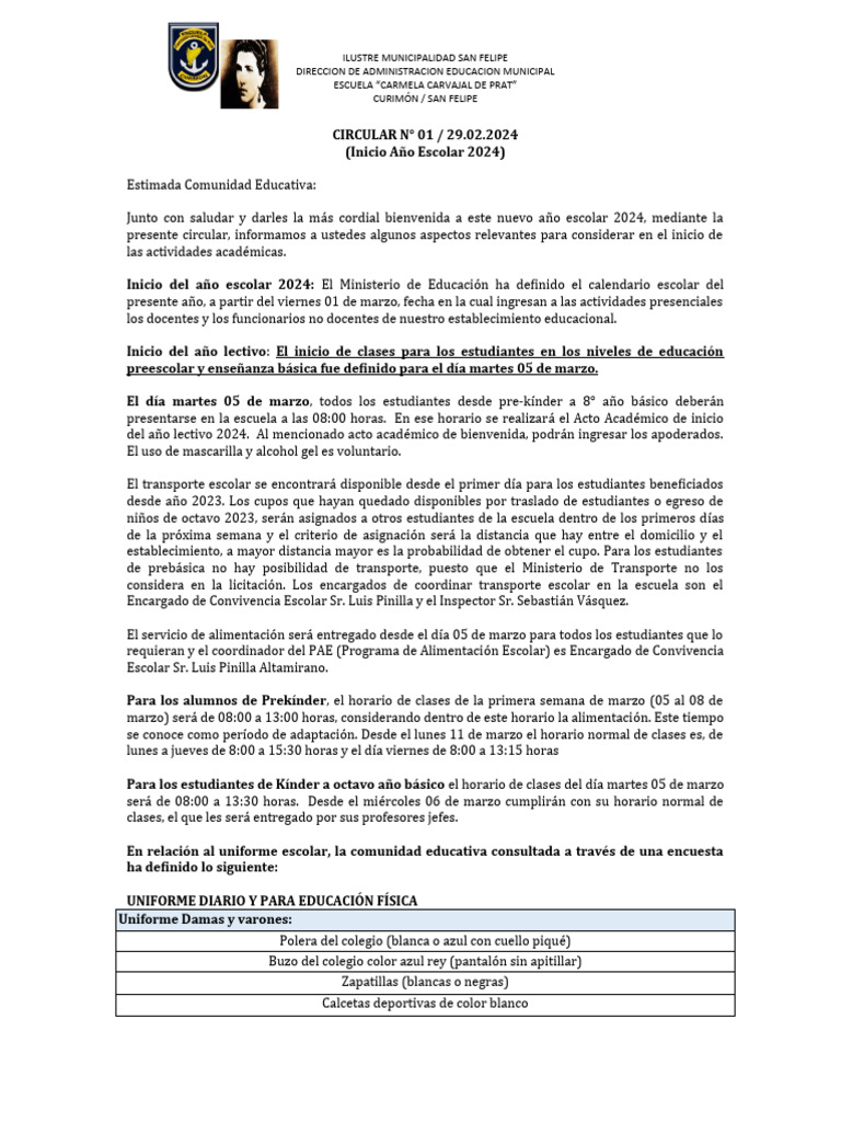 Circular 1 Inicio Del Año Escolar 2024 | PDF | Escuelas