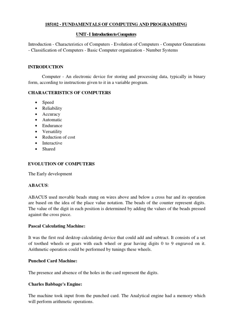 Fundamentals of Computing and Programming UNIT - I Introduction To ...