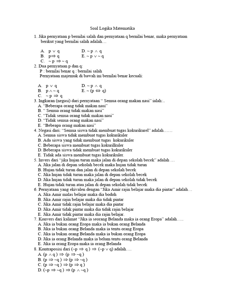 Soal Logika Matematika dan Negasi | PDF | Kajian Bahasa Asing | Metode ...