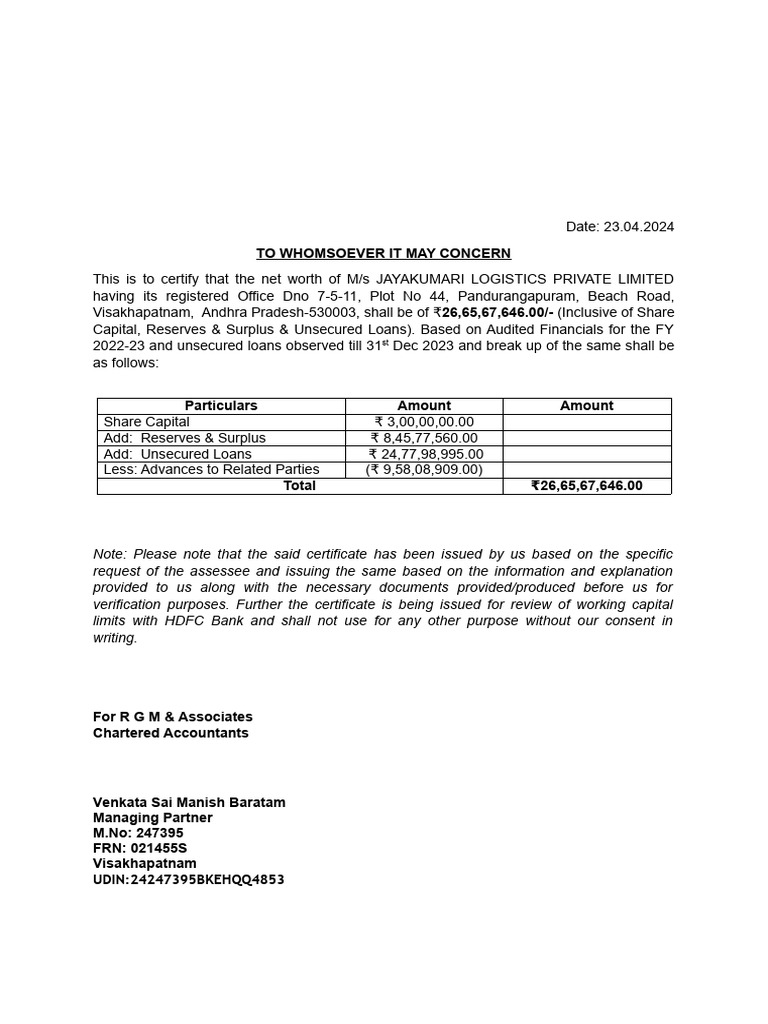 MIB Certificate for Working Capital Review | PDF