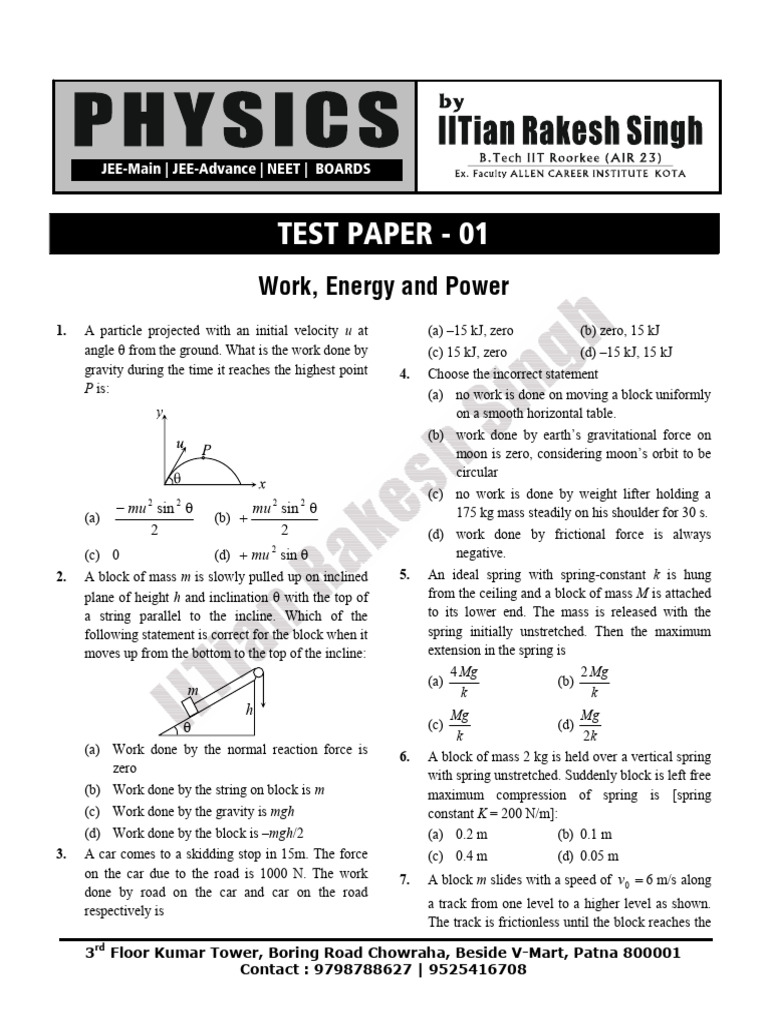 Work, Energy, and Power Test Paper | PDF | Force | Mass
