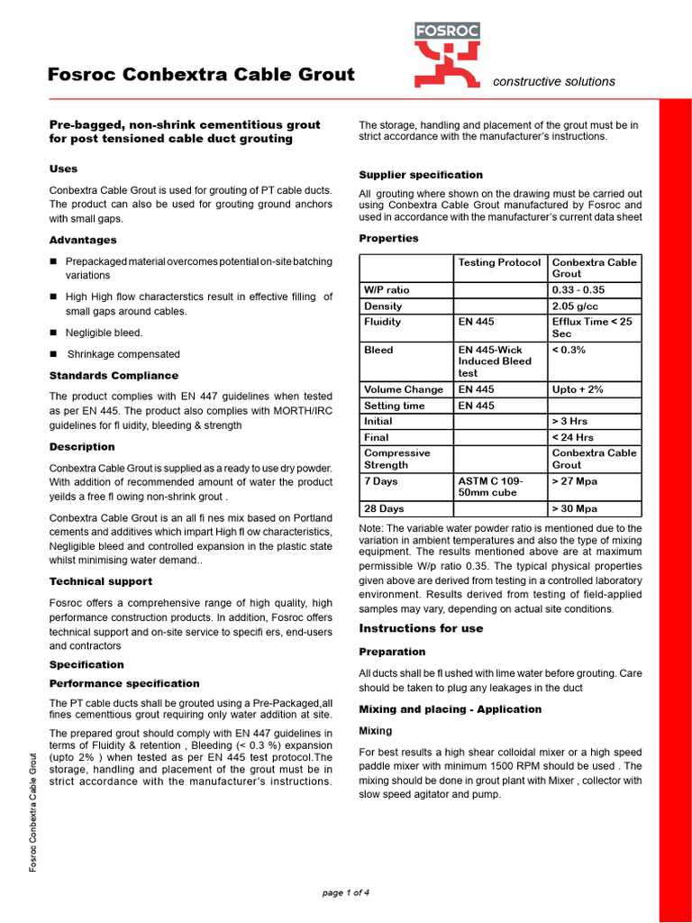TDS-Fosroc-Conbextra-Cable-Grout-India5 | PDF | Cement | Materials