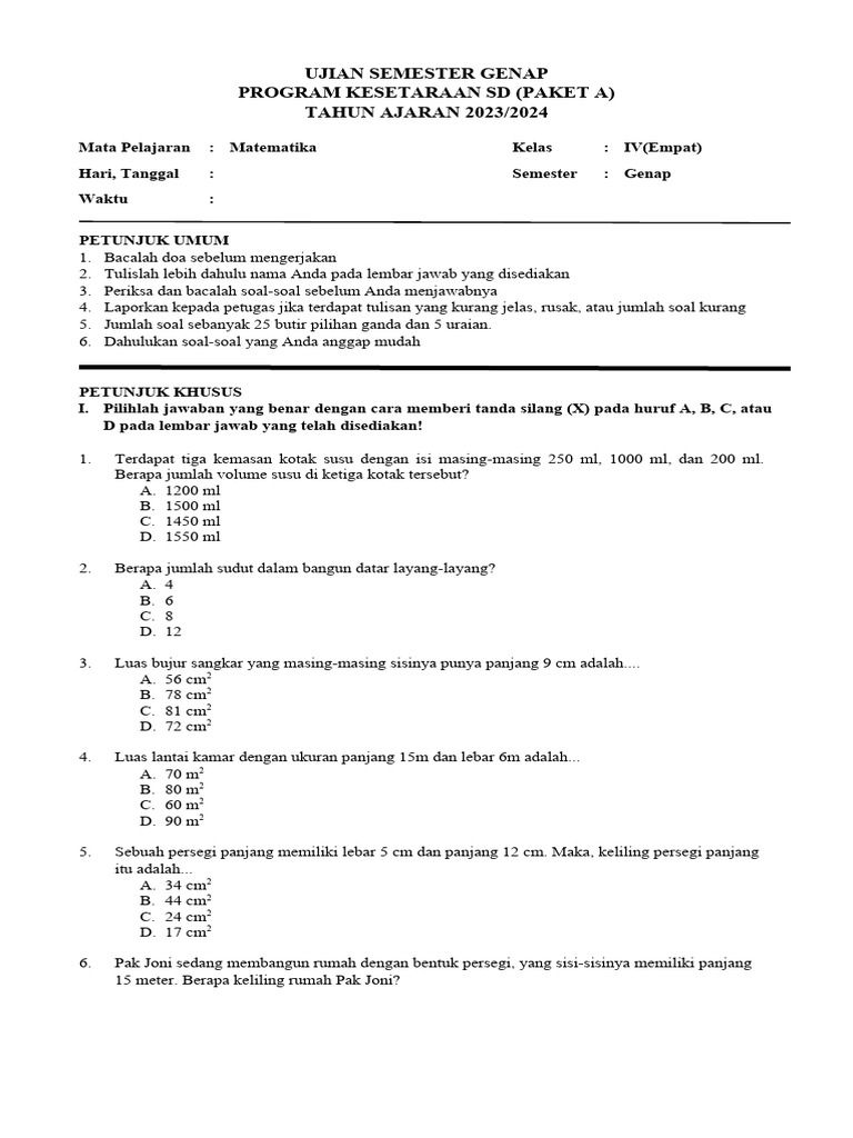Ujian Matematika Kelas 4 Semester Genap | PDF