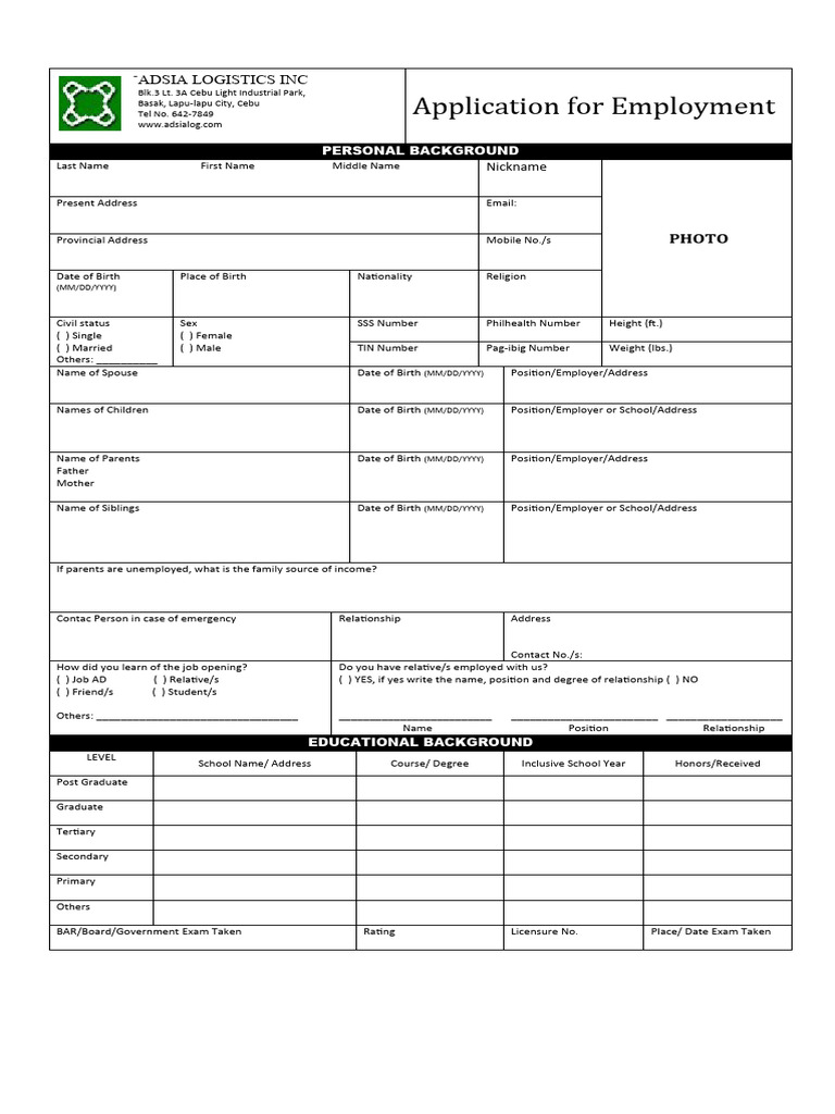 ADSIA Logistics Employment Application | PDF