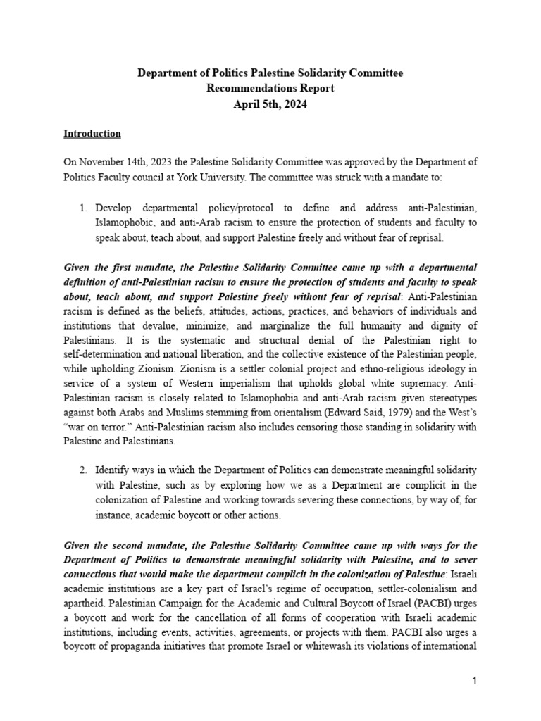 Department of Politics Palestine Solidarity Committee Recommendations ...