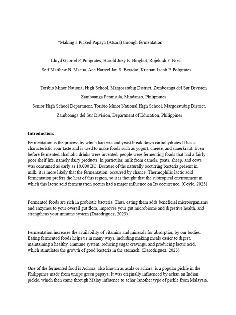 Pickled Papaya Lab Report | PDF | Pickling | Fermentation