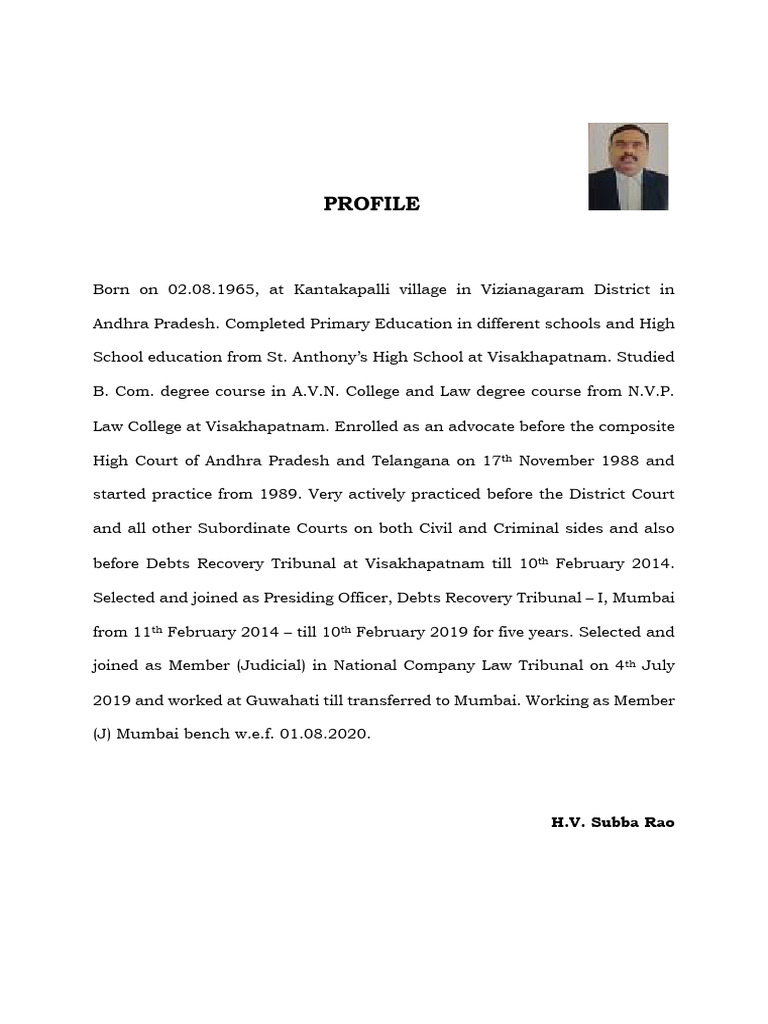 Profile H. V. Subba Rao Sir | PDF