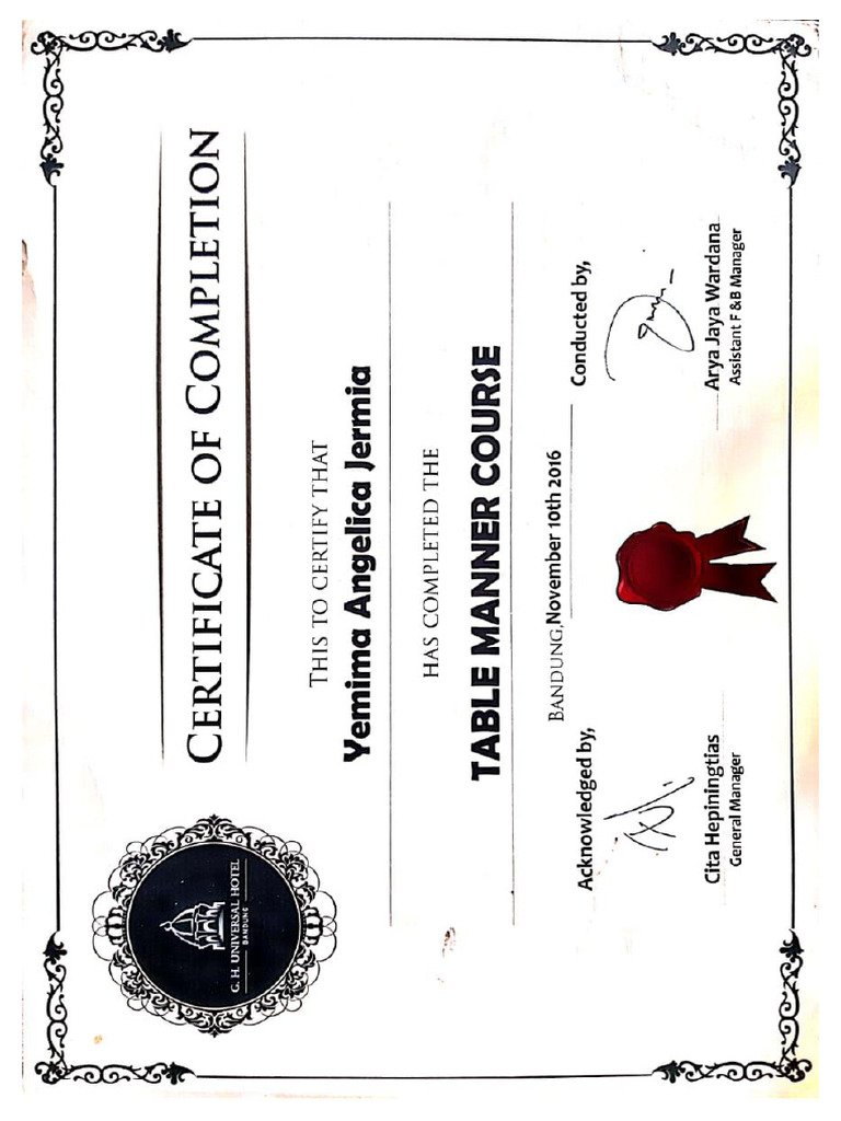 Certificate of table manner pdf