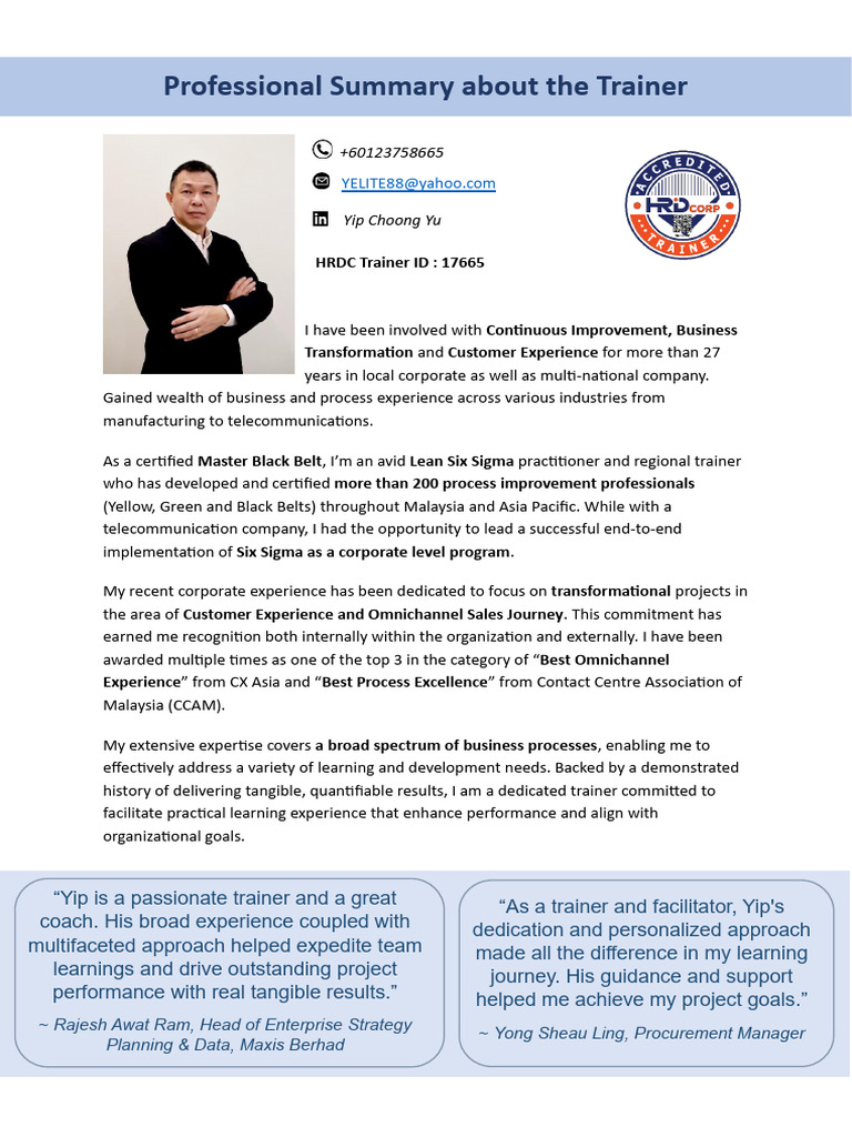 Detail Trainer Profile - Yip Choong Yu tpv2 | PDF | Six Sigma | Facilitator