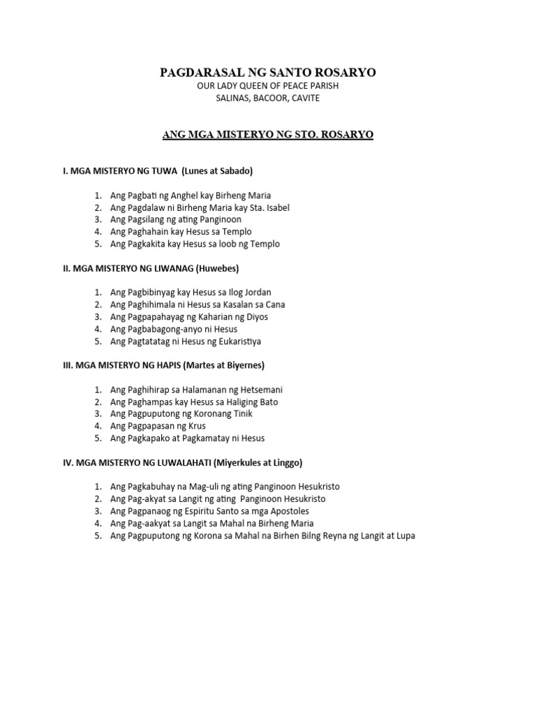 Block Rosary Prayer Guide Tagalog