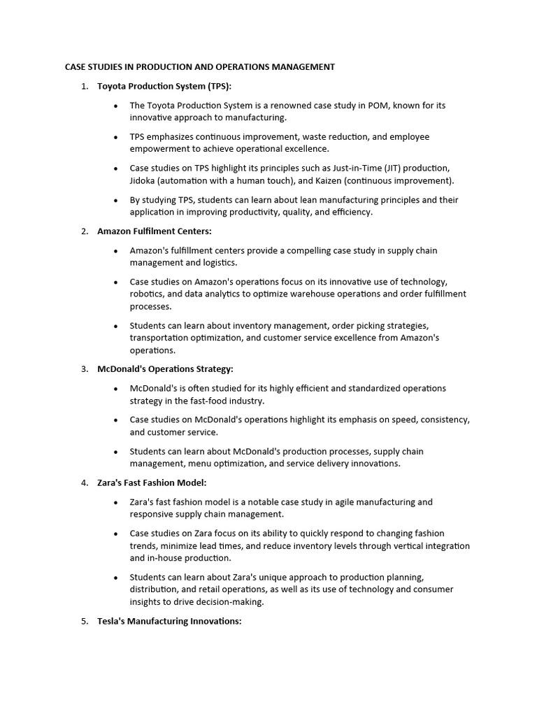 Key Case Studies in Operations Management | PDF | Lean Manufacturing ...