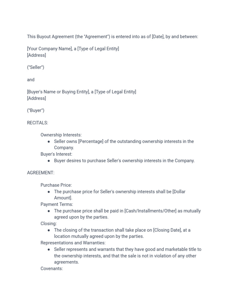 Buyout Agreement Template for Companies | PDF