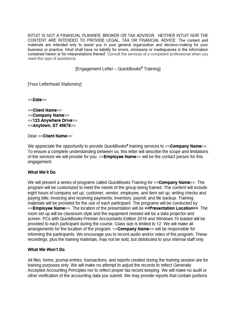 QB Training Engagement Letter | PDF | Quick Books | Accounting
