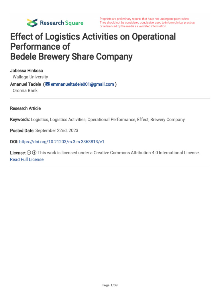 Impact of Logistics on Brewery Performance | PDF | Logistics | Statistics