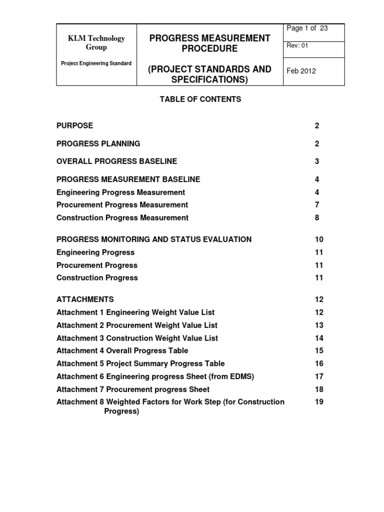 Project standard and specifications progress measurement
