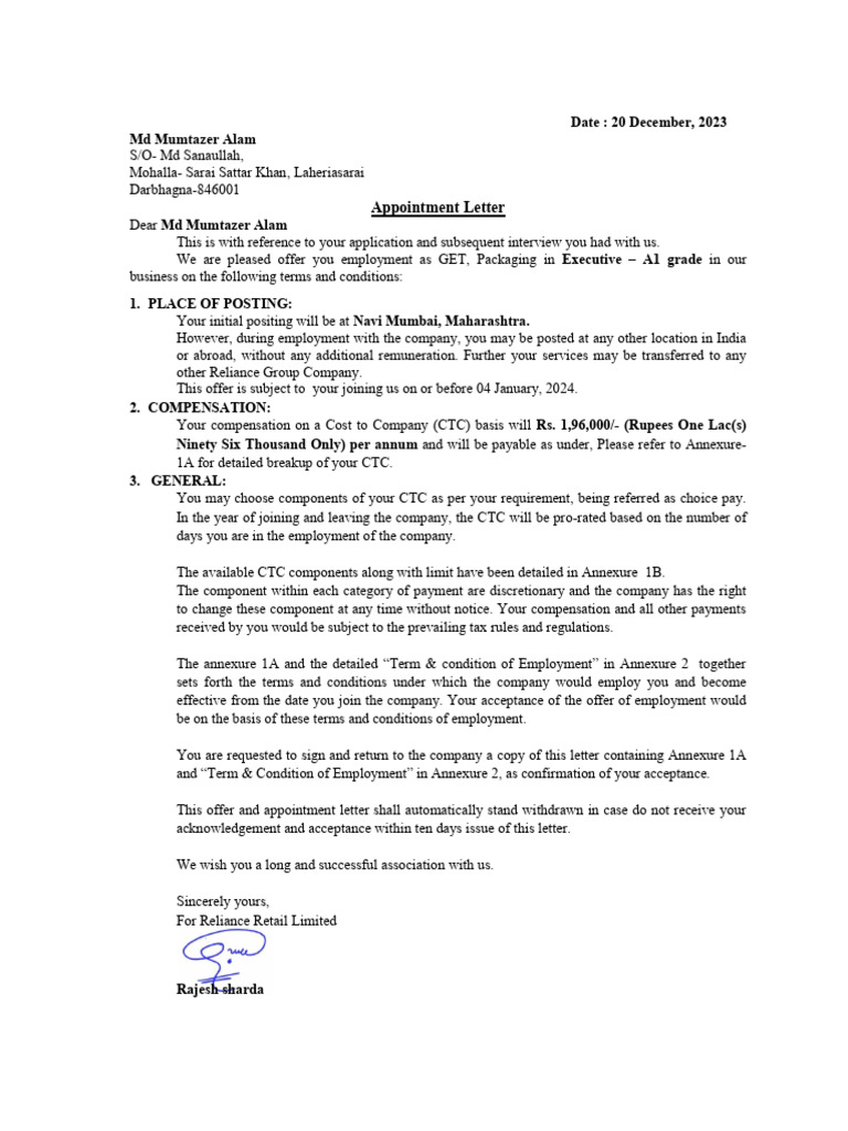 Reliance Retail GET Appointment Letters | PDF | Employment | Business