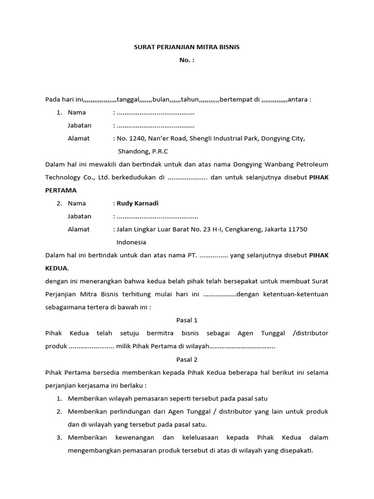 Surat Perjanjian Mitra Bisnis | PDF