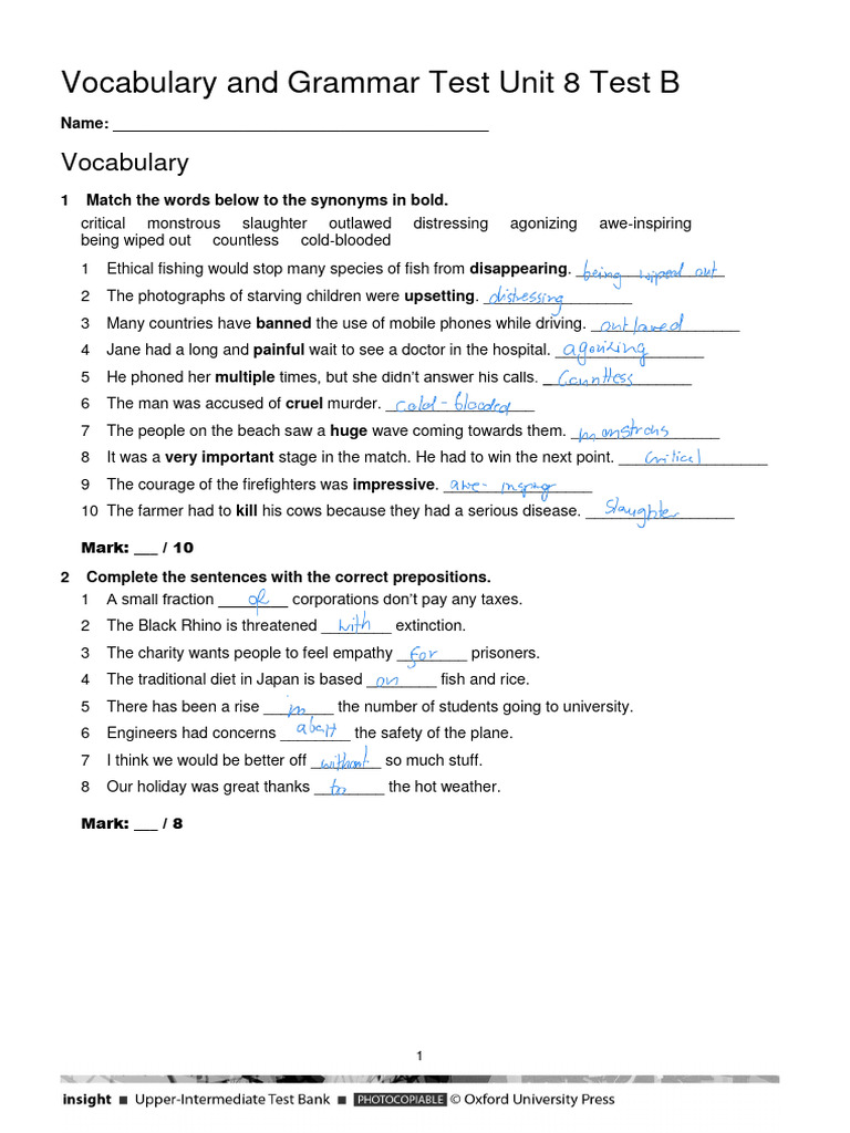 Vocabulary Grammar Test Unit 8 Test B Pdf