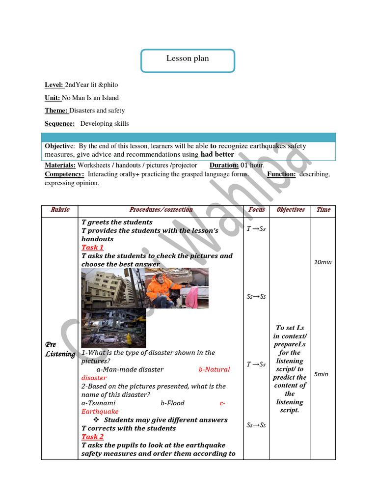 Earthquake Safety Measures Lesson Plan | PDF | Cognitive Science ...