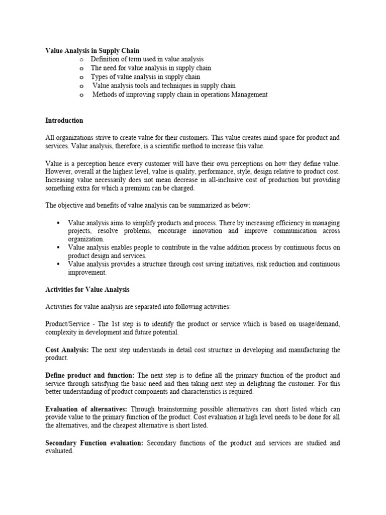Value Analysis Supply Chain | PDF | Value (Economics) | Supply Chain