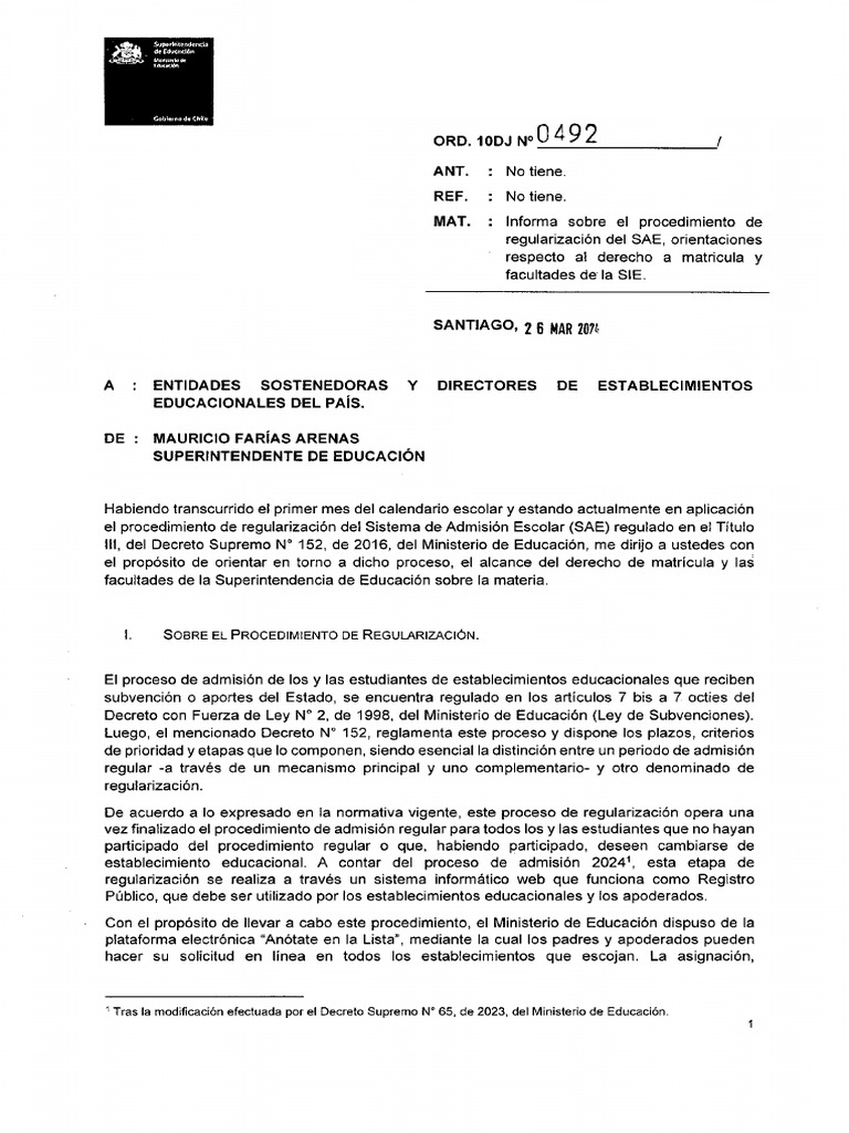 ORD No 0492 INFORMA SOBRE PROCEDIMIENTO REGULACION DEL SAE A ...