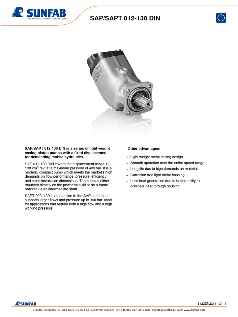 Sunfab SAP/SAPT Piston Pumps Overview | PDF | Pump | Mechanical Engineering
