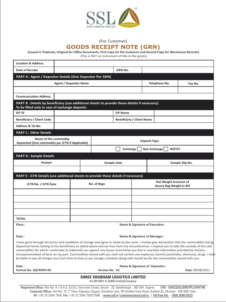 Goods Receipt Note Template (GRN) | PDF