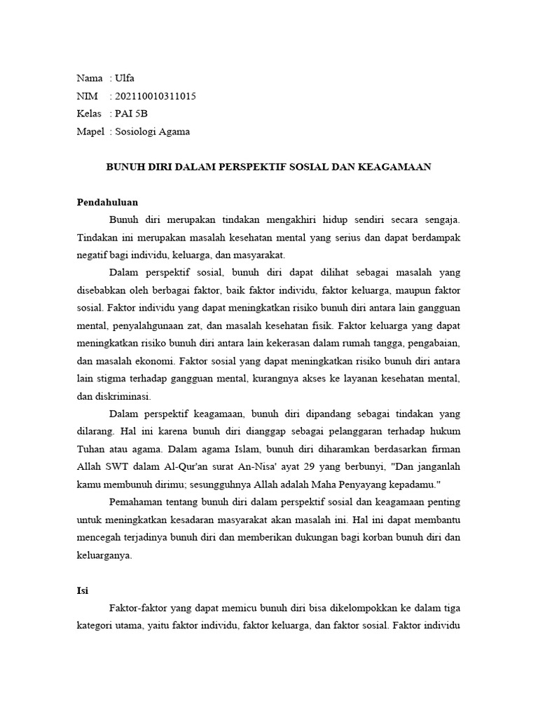 Bunuh Diri: Perspektif Sosial dan Agama | PDF