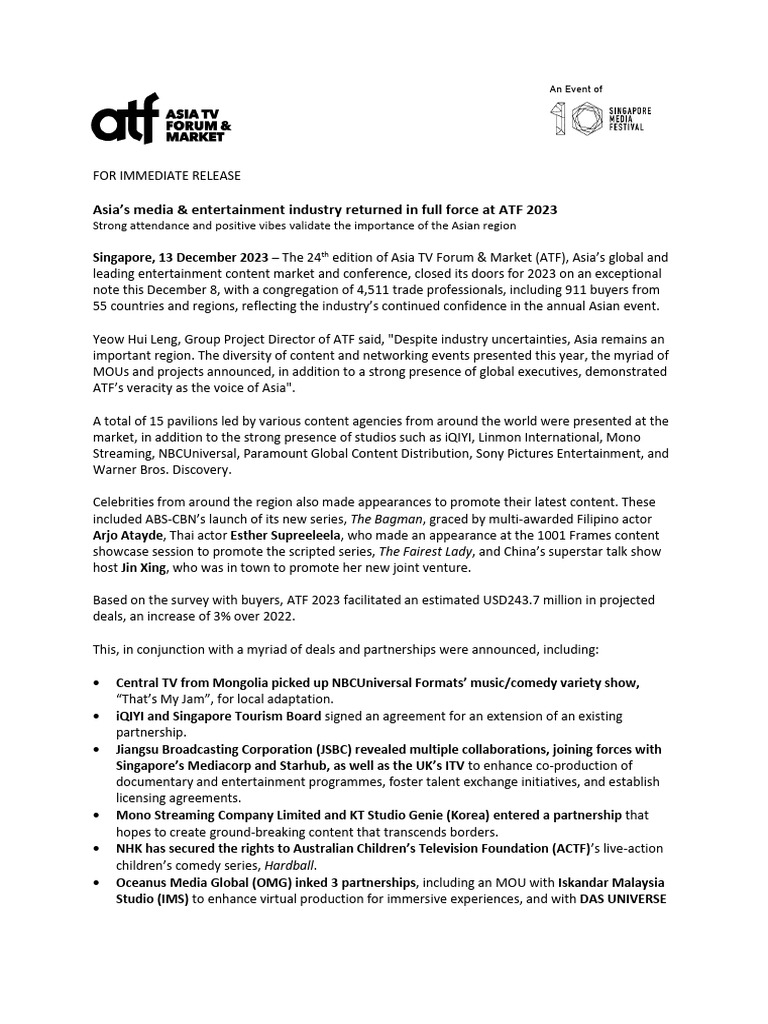 Closing Release Asias Media Entertainment Industry Returned in Full