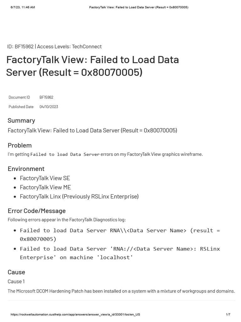 FactoryTalk View - Failed To Load Data Server (Result 0x80070005) | PDF ...
