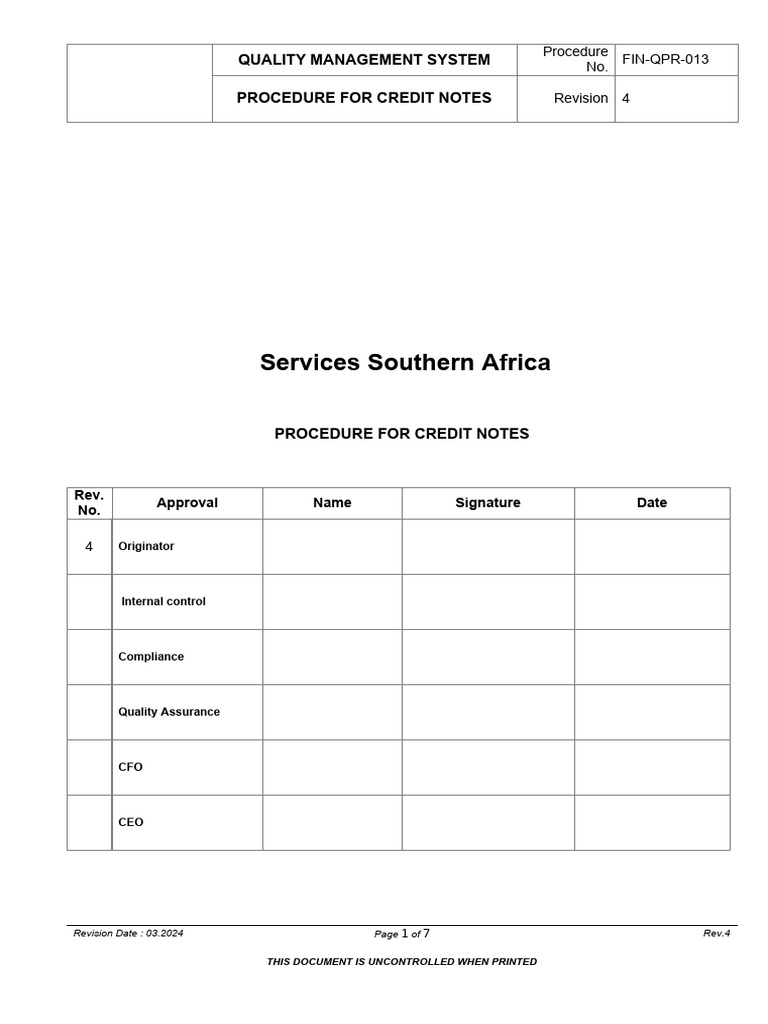 PROCEDURE FOR CREDIT NOTE | PDF | Internal Control | Enterprise ...