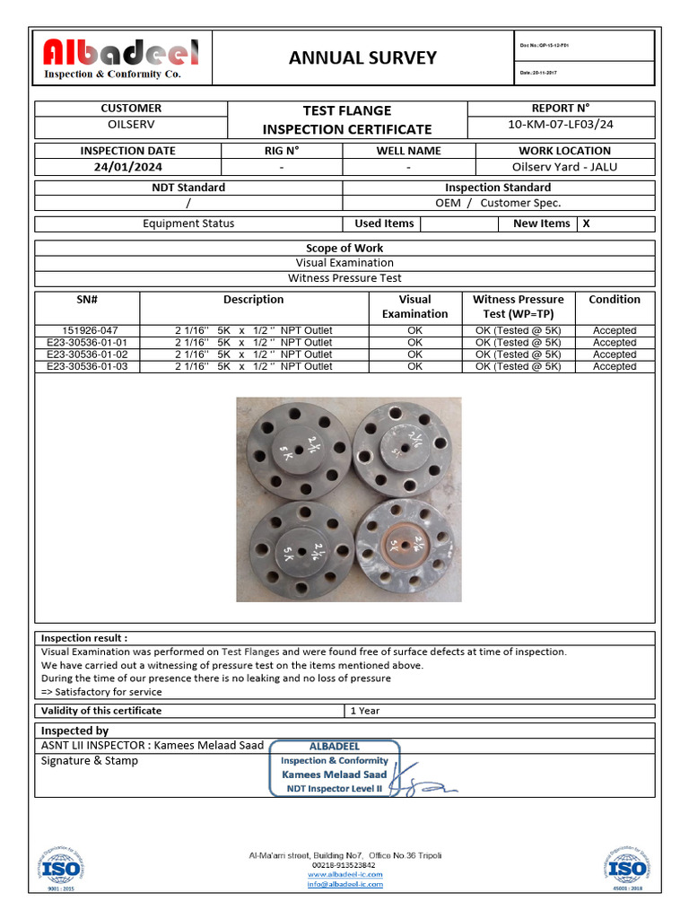 Test Flange Inspection Certificate 2024 | PDF | Quality