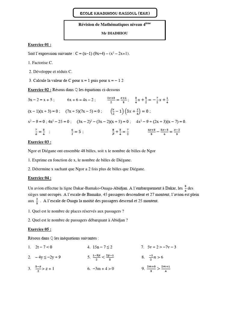 Révision Maths 4ème : Équations et Inéquations | PDF | Mathématiques