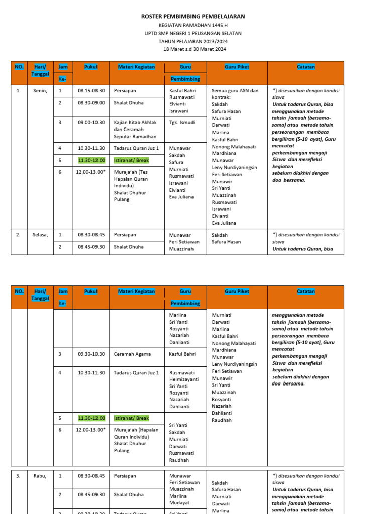 Roster Pembimbing Ramadhan 2024 | PDF
