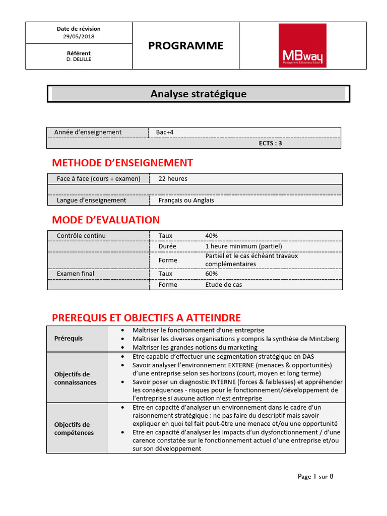Analyse stratégique en entreprise : programme Bac+4 | PDF | Business ...