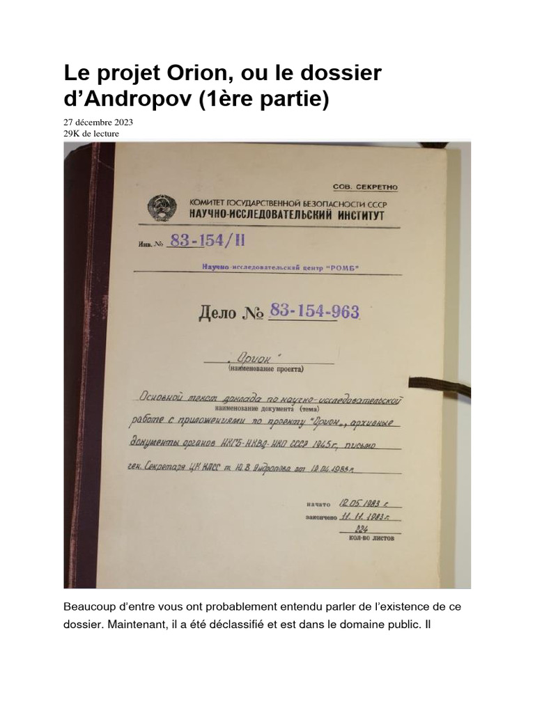 Dossier déclassifié : Projet Orion | PDF | Atlantide | Terre