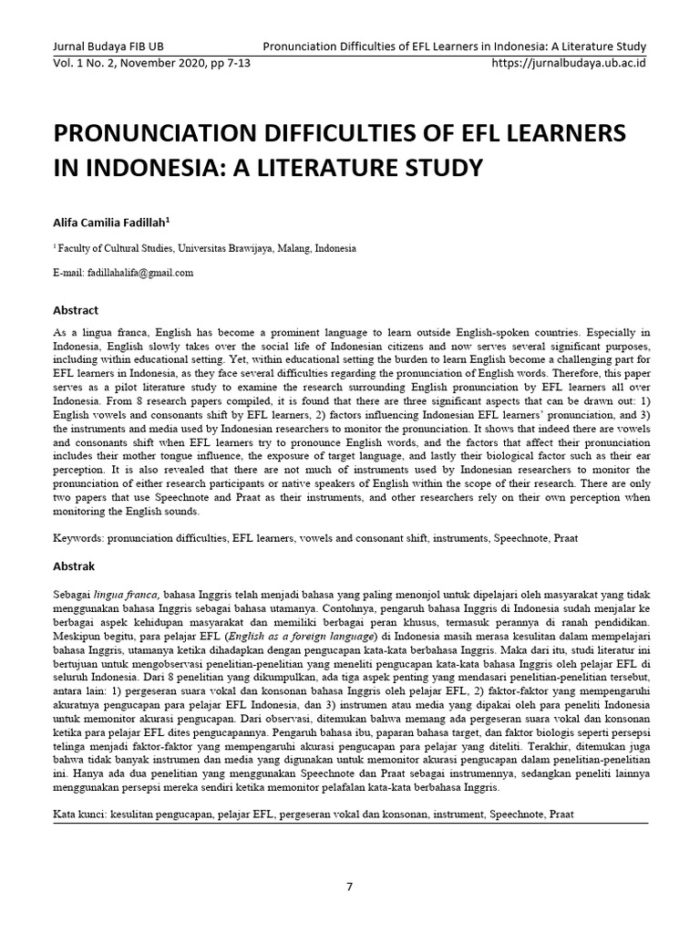 Pronunciation Difficulties of Efl Learners in Indonesia: A Literature ...