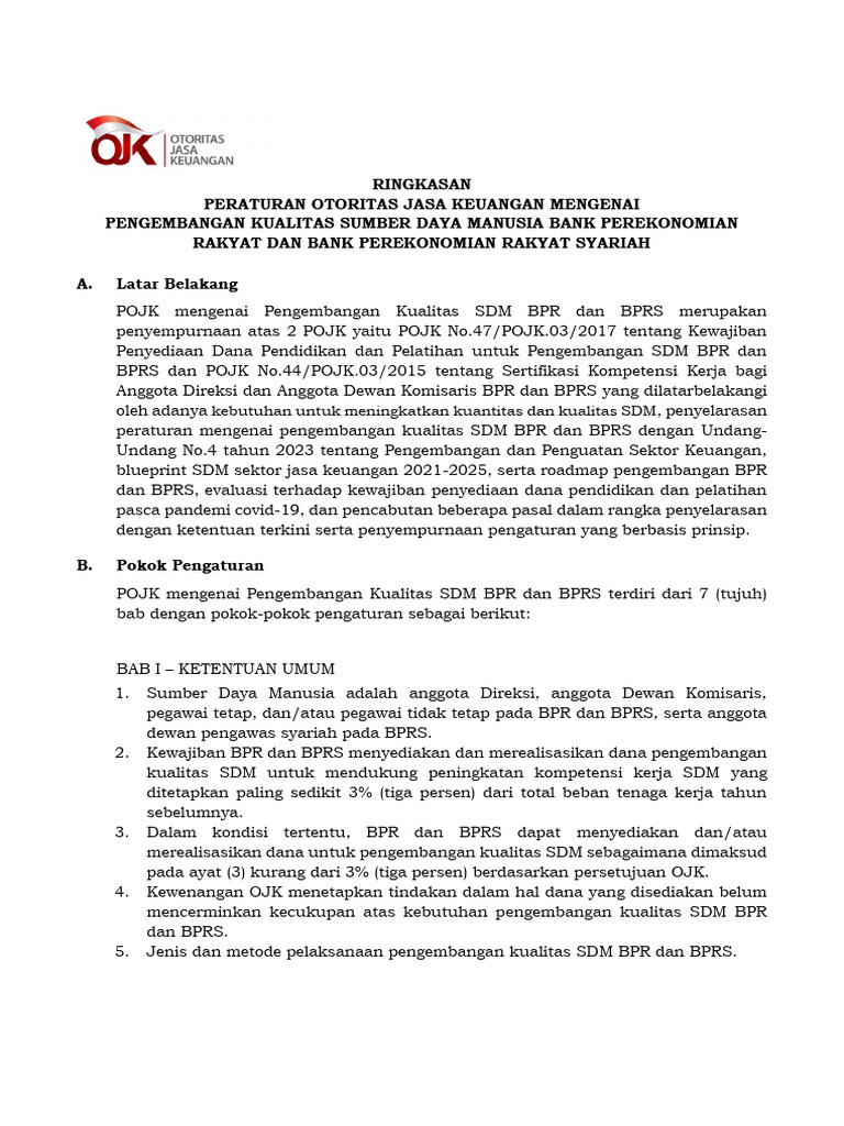 Ringkasan POJK 19 Tahun 2023 - Pengembangan Kualitas Sumber Daya