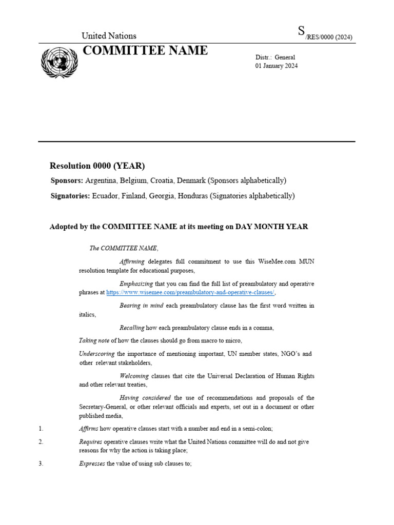 WiseMee Model UN Resolution Template PDF United Nations WiseMee Model UN Resolution Template PDF United Nations