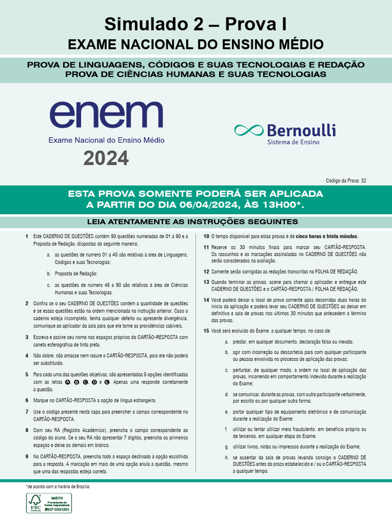 Prova Simulada ENEM 2024: Linguagens e Redação | PDF