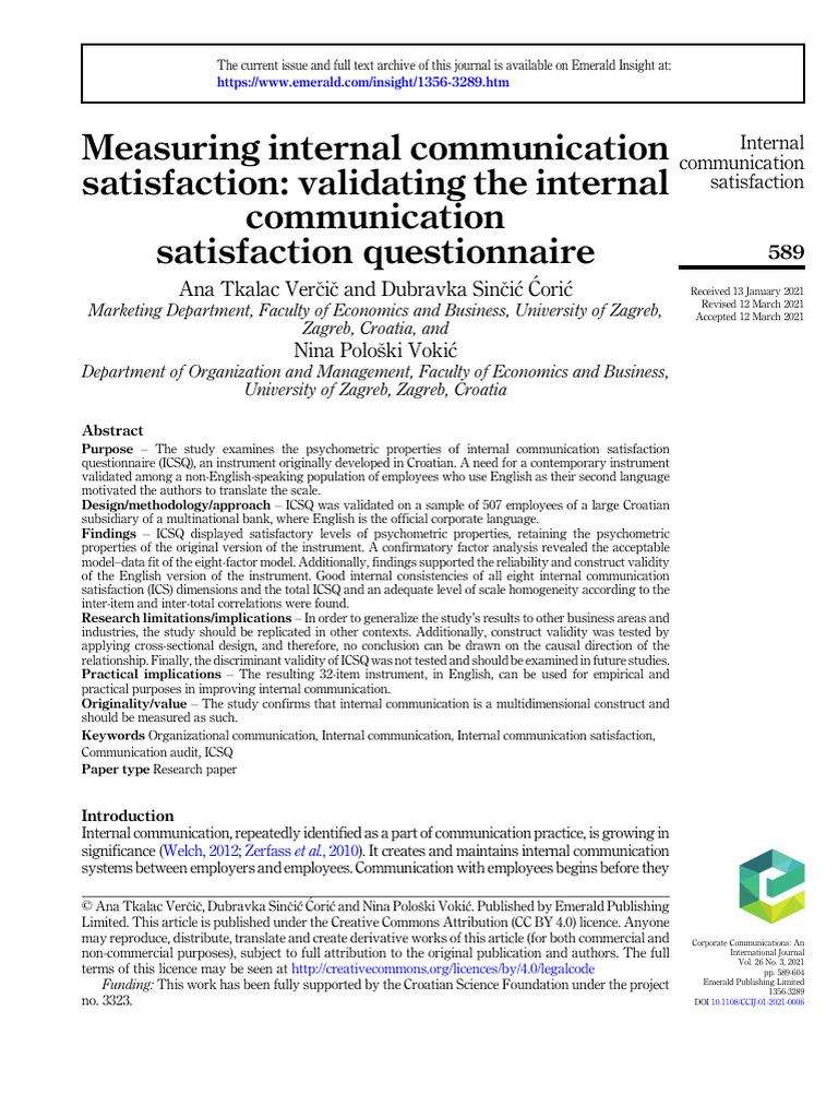 Validating the Internal Communication Satisfaction Questionnaire | PDF ...