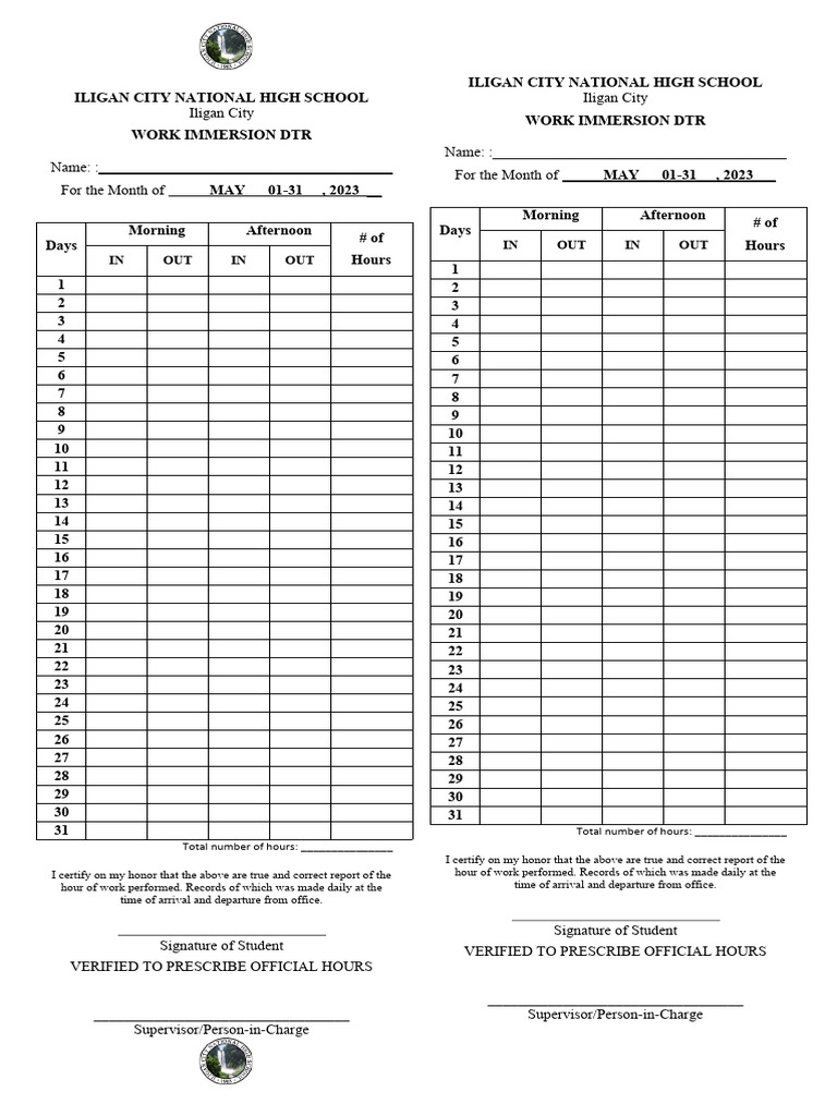 Work Immersion DTR for May 2023 | PDF